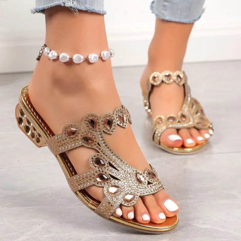 Sandals - Polyurethane Blend Rhinestone Trim & Low Sole
