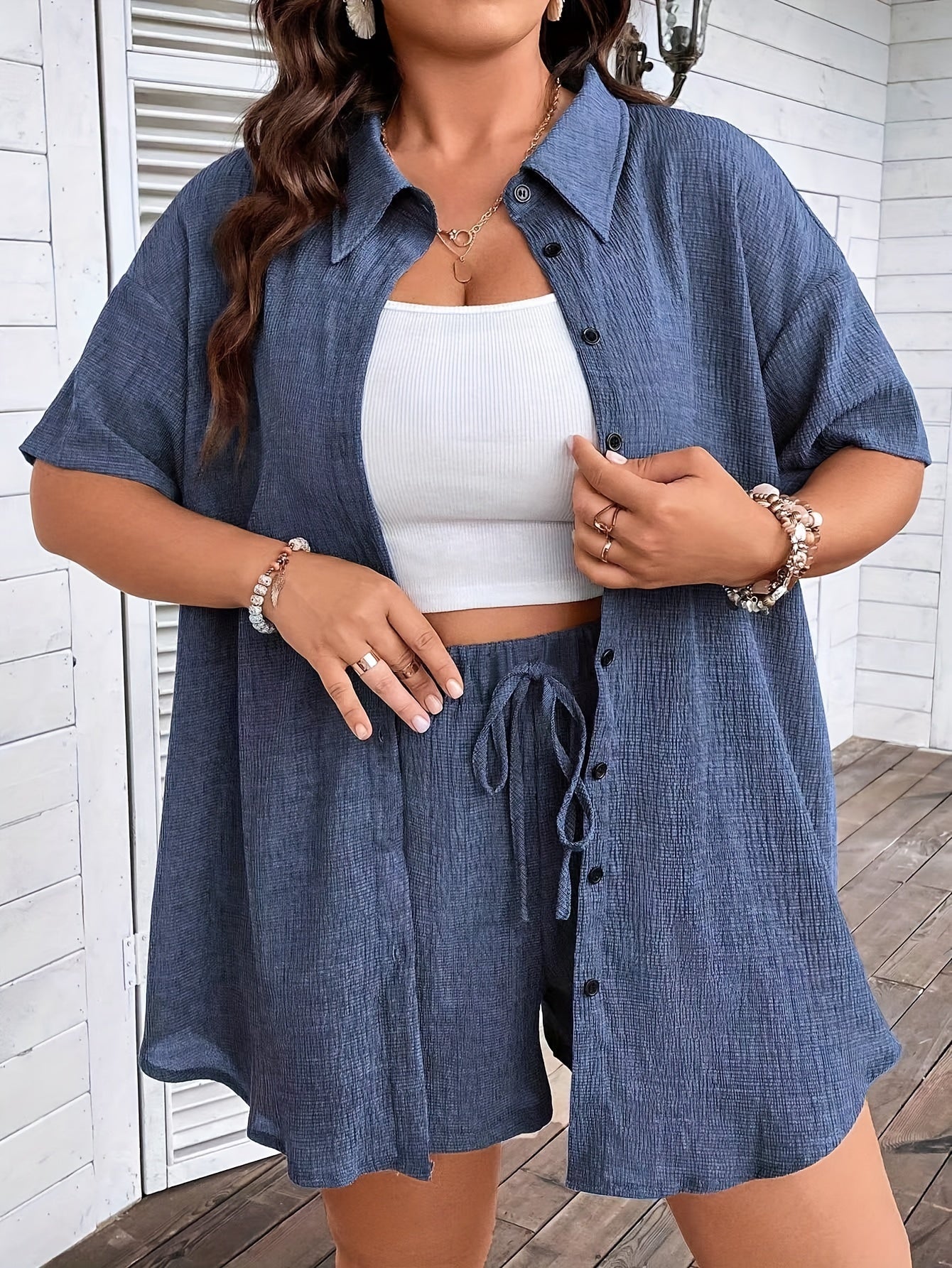 Shirt And Shorts Set - Button Front & Relaxed Fit Ease
