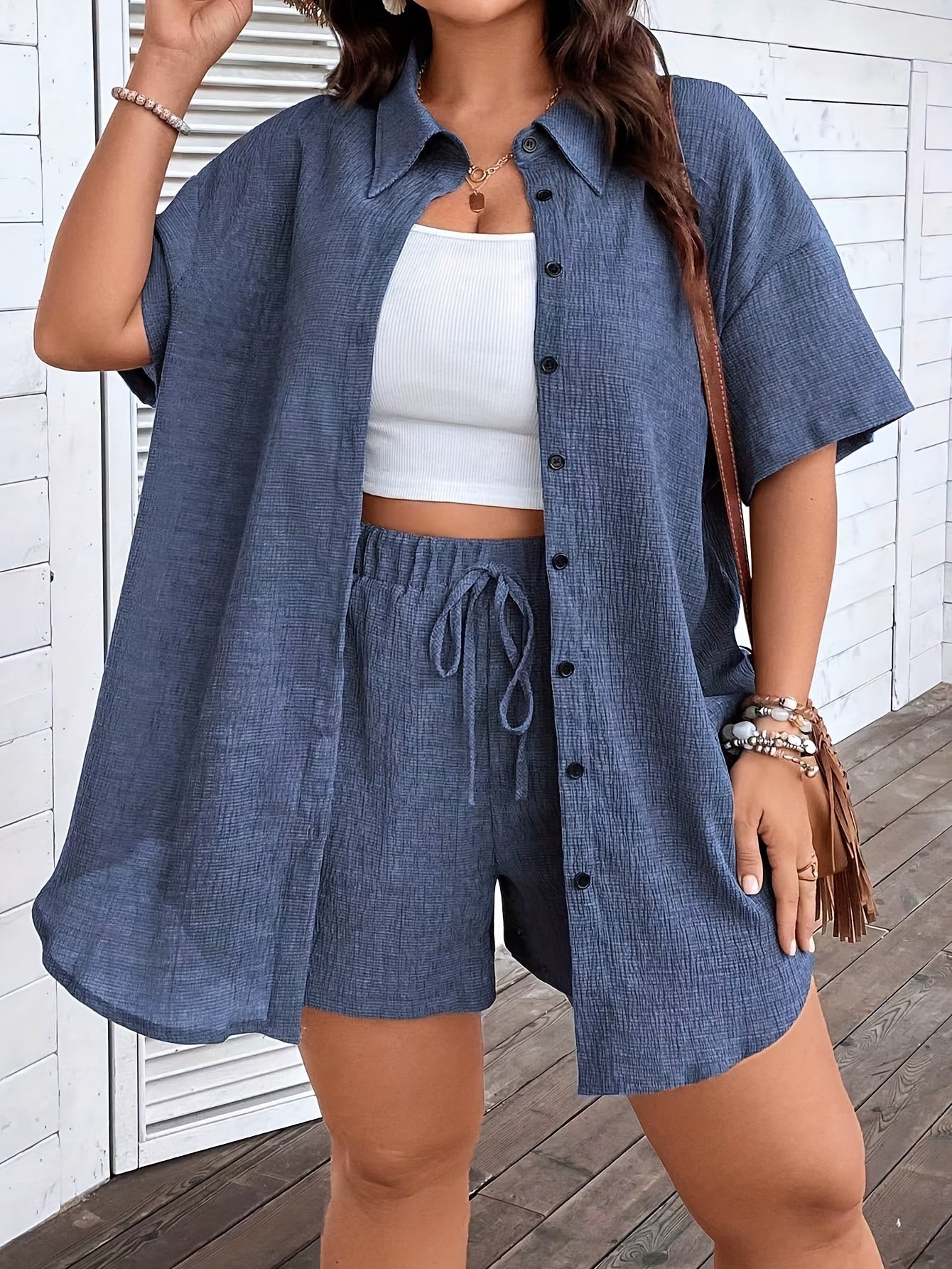 Shirt And Shorts Set - Button Front & Relaxed Fit Ease