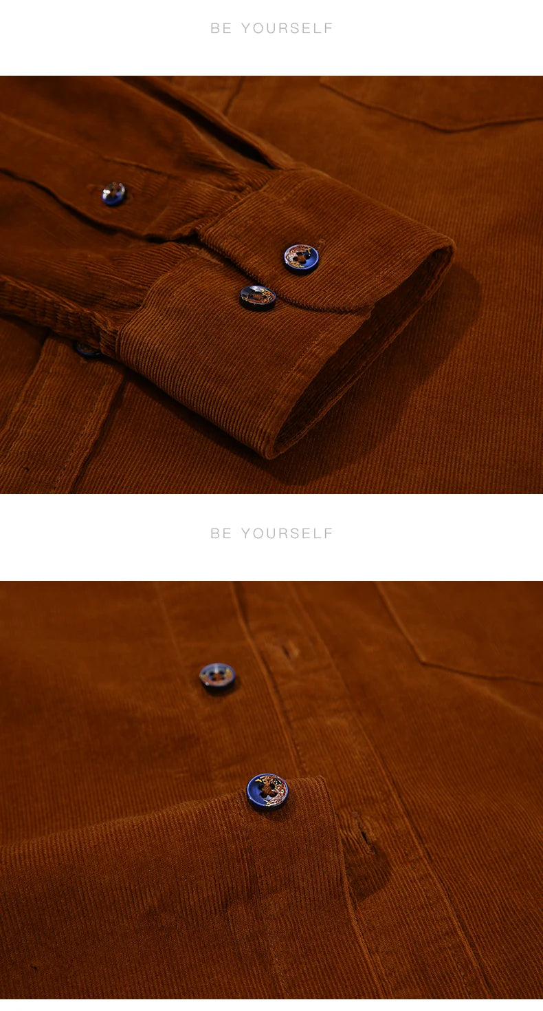 Shirt - Corduroy Blend Striped Pattern & Front Pocket