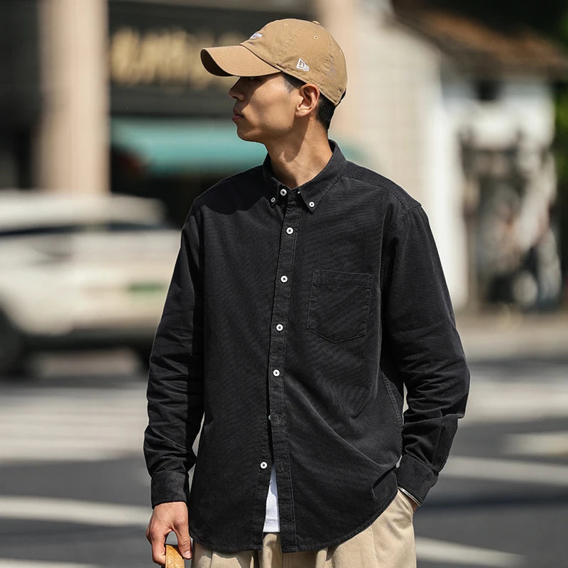 Shirt - Corduroy Blend Striped Pattern & Front Pocket