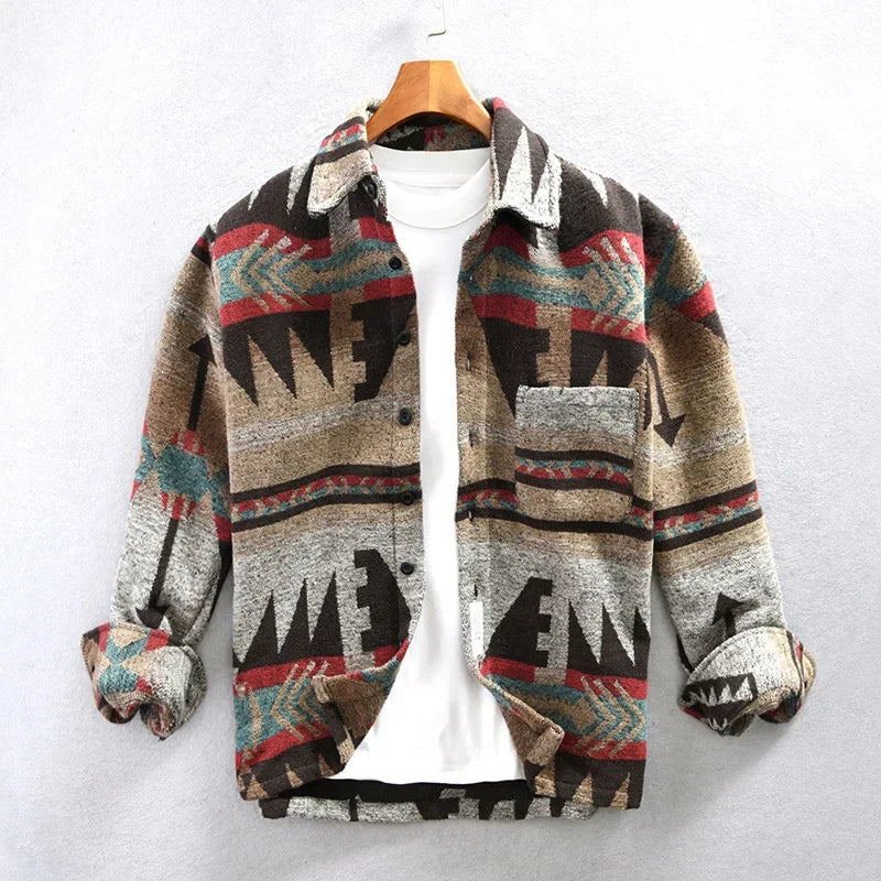 Shirt Jacket – Aztec Pattern Fabric Blend & Warm Shape