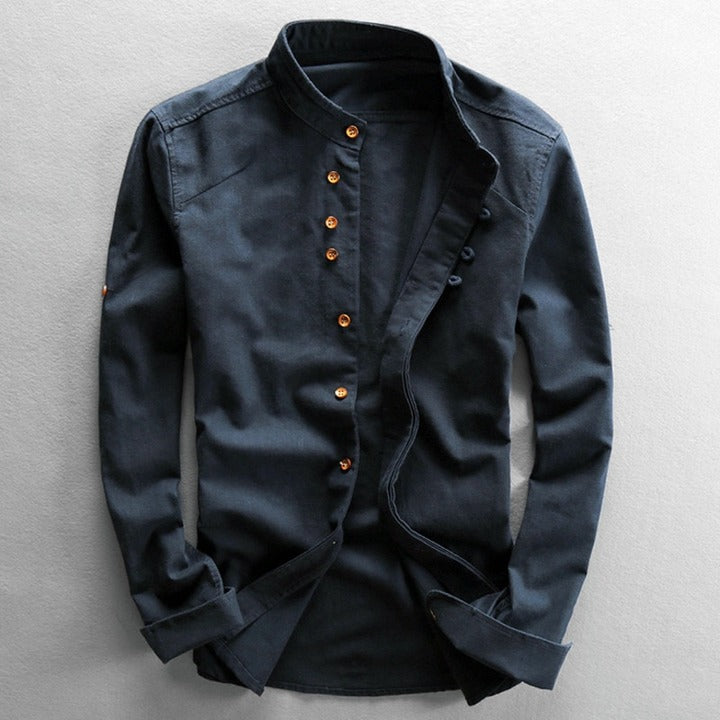 Shirt - Stand Collar And Vintage Button Placket Breathable