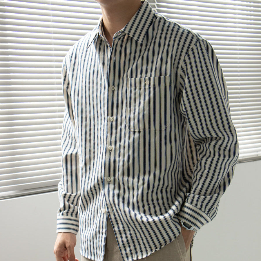 Shirt - Striped Vertical Long Sleeve And Smooth Layering