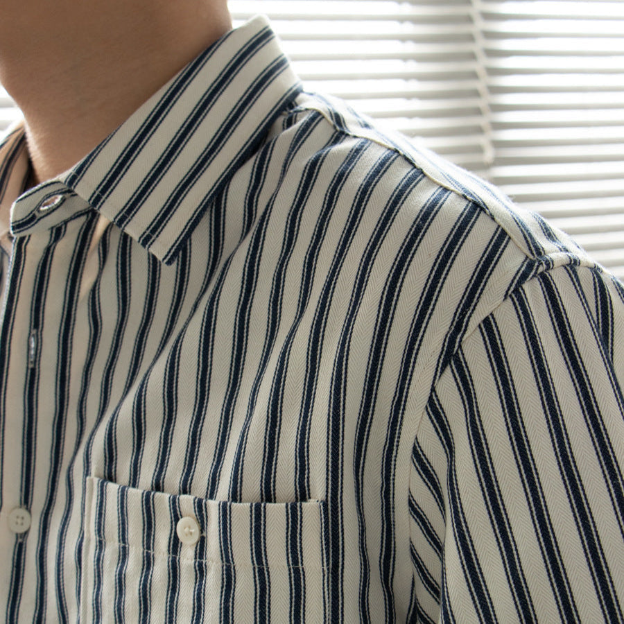 Shirt - Striped Vertical Long Sleeve And Smooth Layering