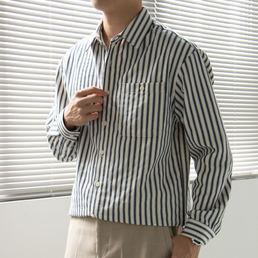 Shirt - Striped Vertical Long Sleeve And Smooth Layering