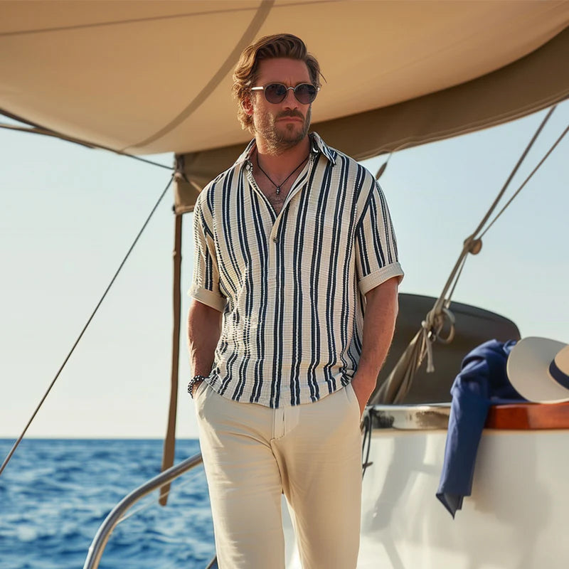 Shirt - V Neck Lapel & Striped Short Sleeve Breathable
