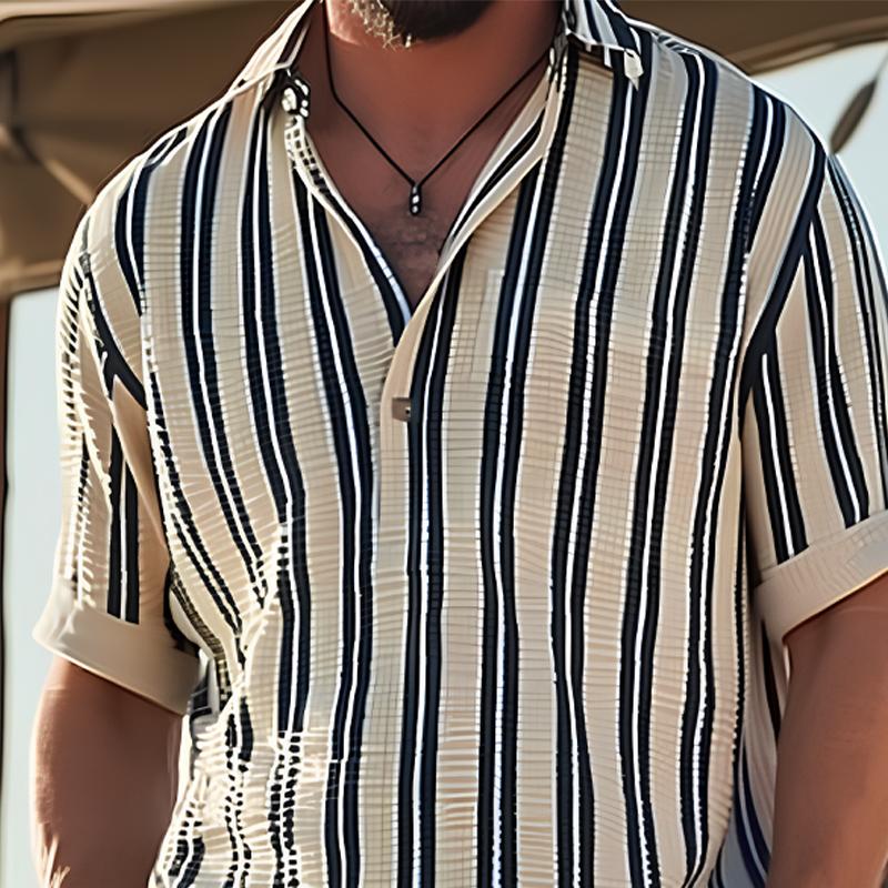 Shirt - V Neck Lapel & Striped Short Sleeve Breathable