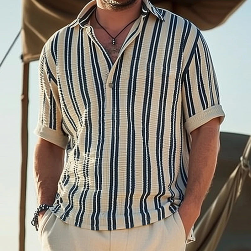 Shirt - V Neck Lapel & Striped Short Sleeve Breathable