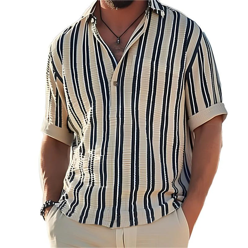Shirt - V Neck Lapel & Striped Short Sleeve Breathable