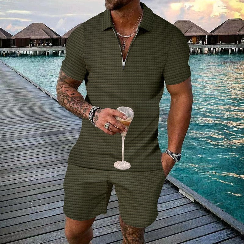 Short Sleeve Zipper Set - Ribbed Front Zip And Easy On Off
