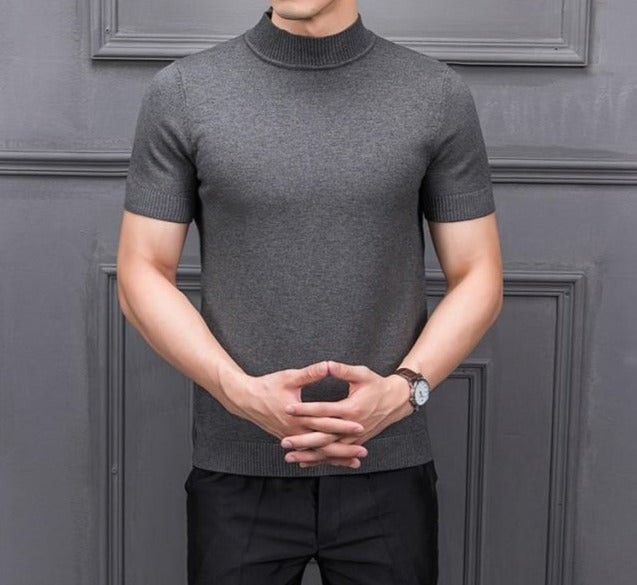 Short-Sleeved Sweater - Semi High Collar & Stretch Shape