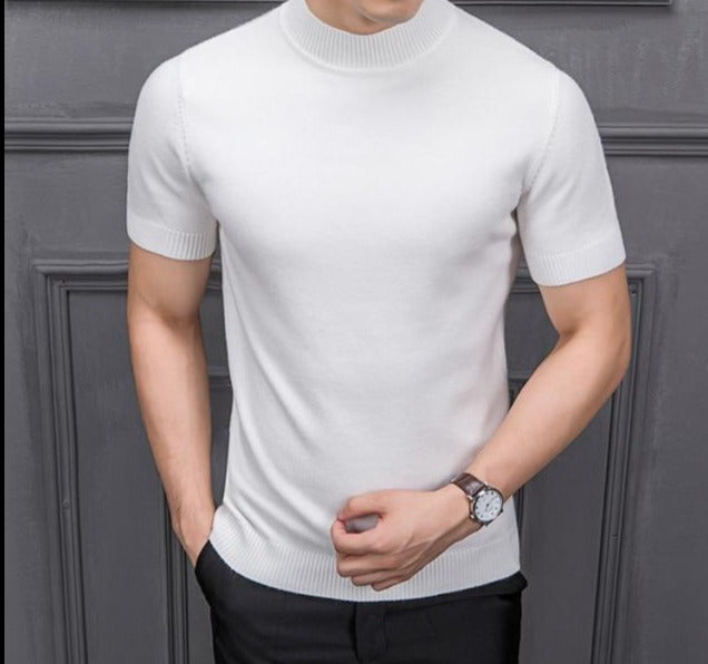 Short-Sleeved Sweater - Semi High Collar & Stretch Shape