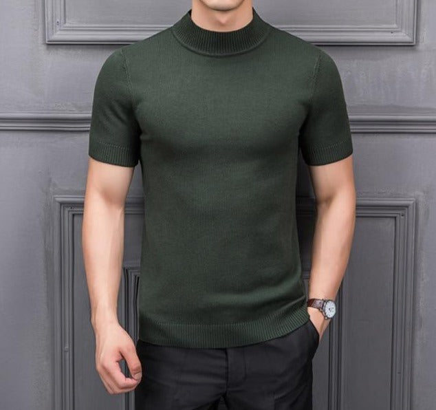 Short-Sleeved Sweater - Semi High Collar & Stretch Shape