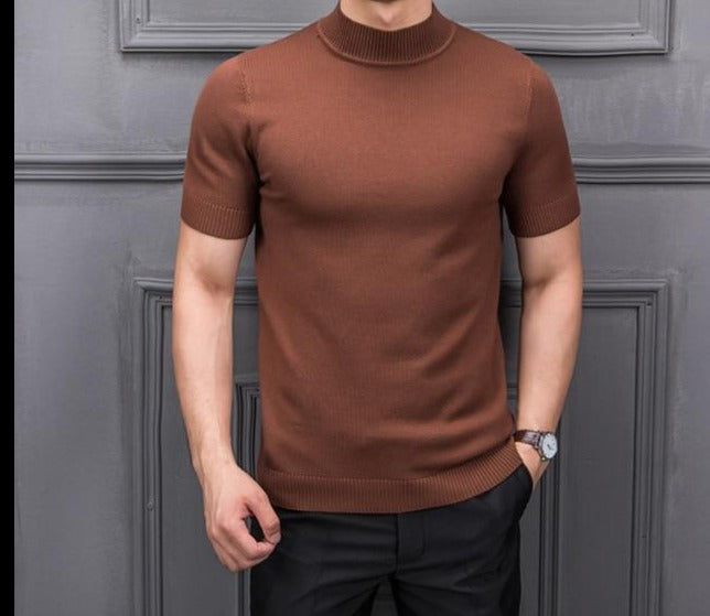 Short-Sleeved Sweater - Semi High Collar & Stretch Shape