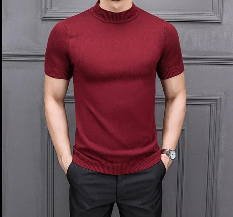 Short-Sleeved Sweater - Semi High Collar & Stretch Shape