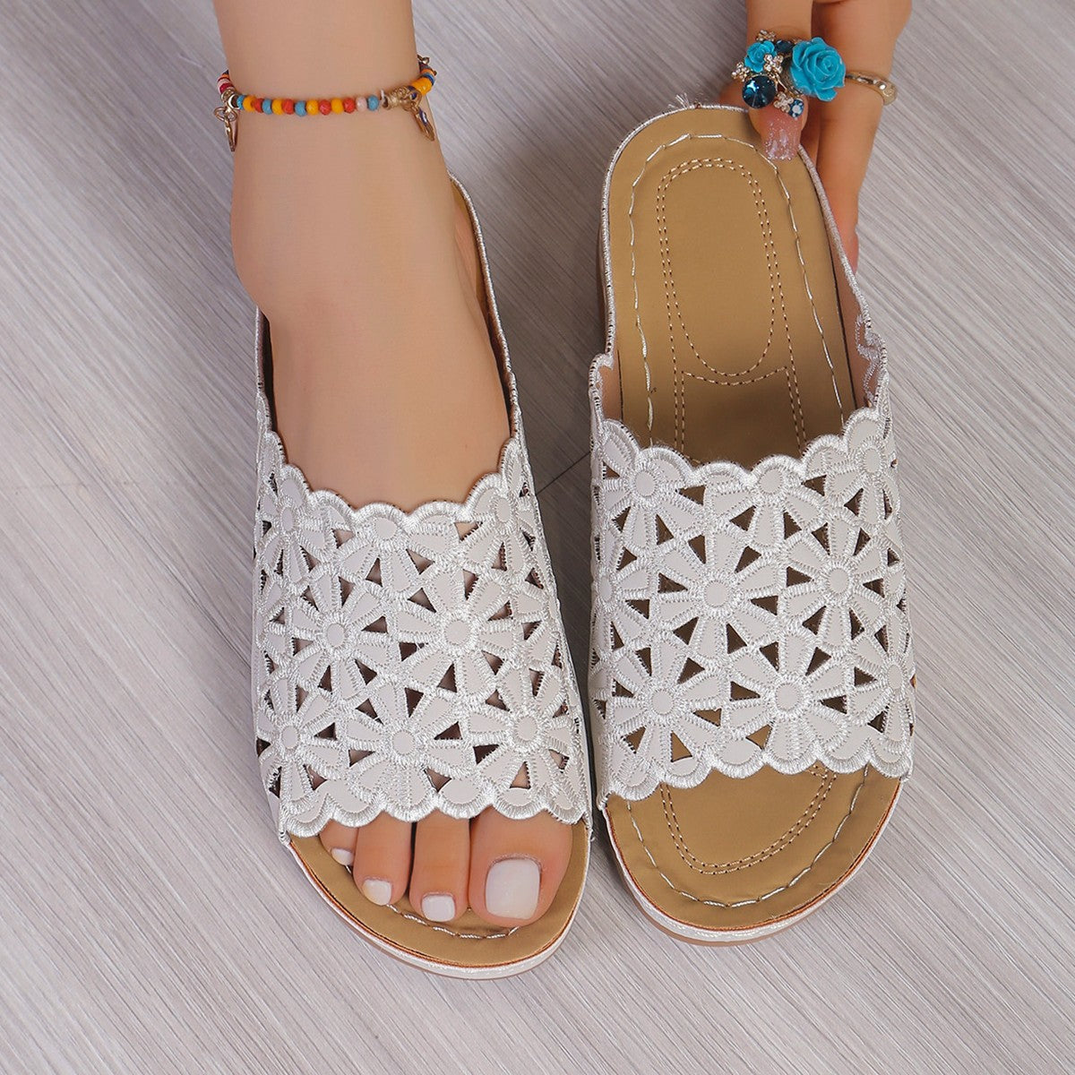 Slide Sandals - Floral Cutouts And Breathable Footbed