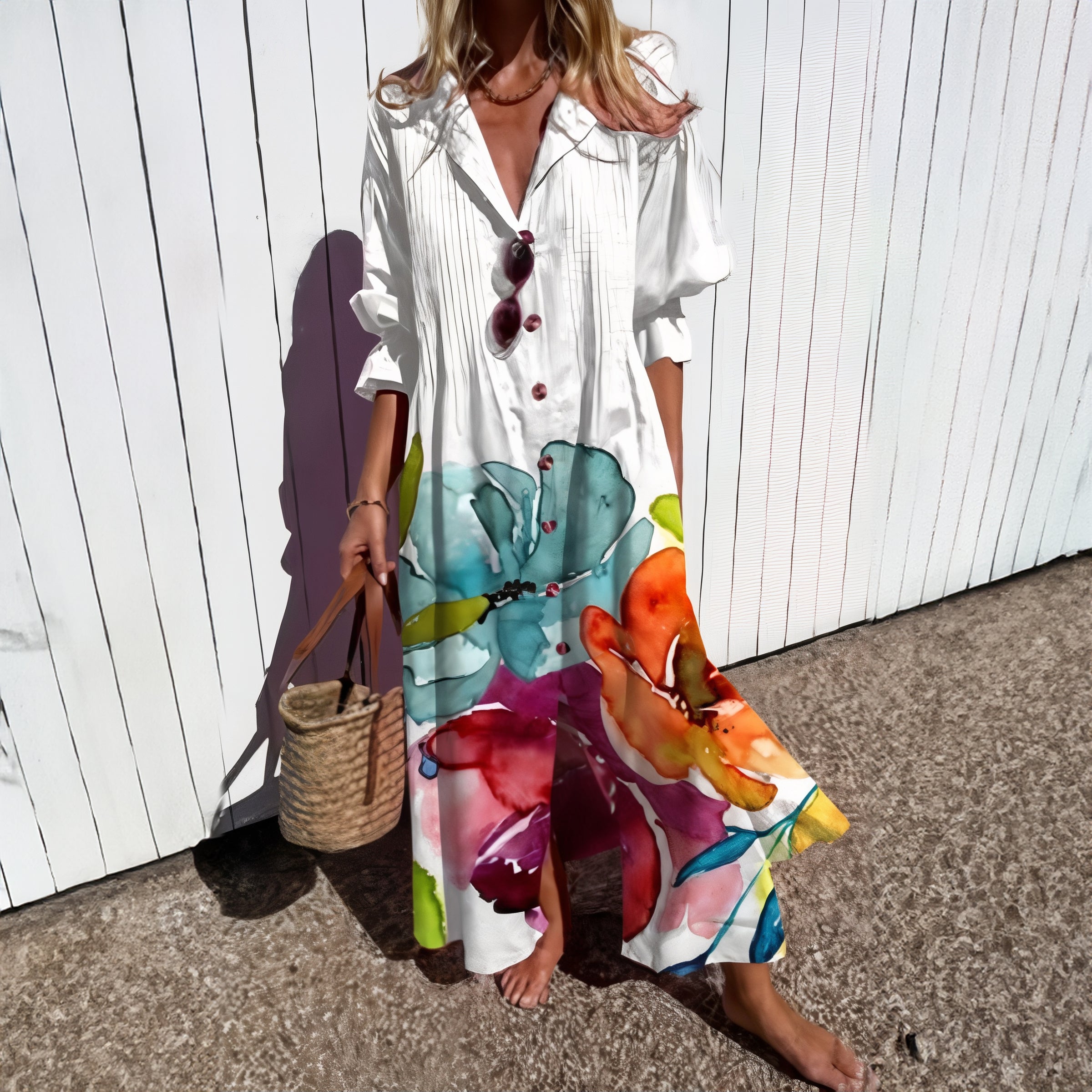 Soft-Blend Maxi Dress - Hand Painted Floral And Airy Shape