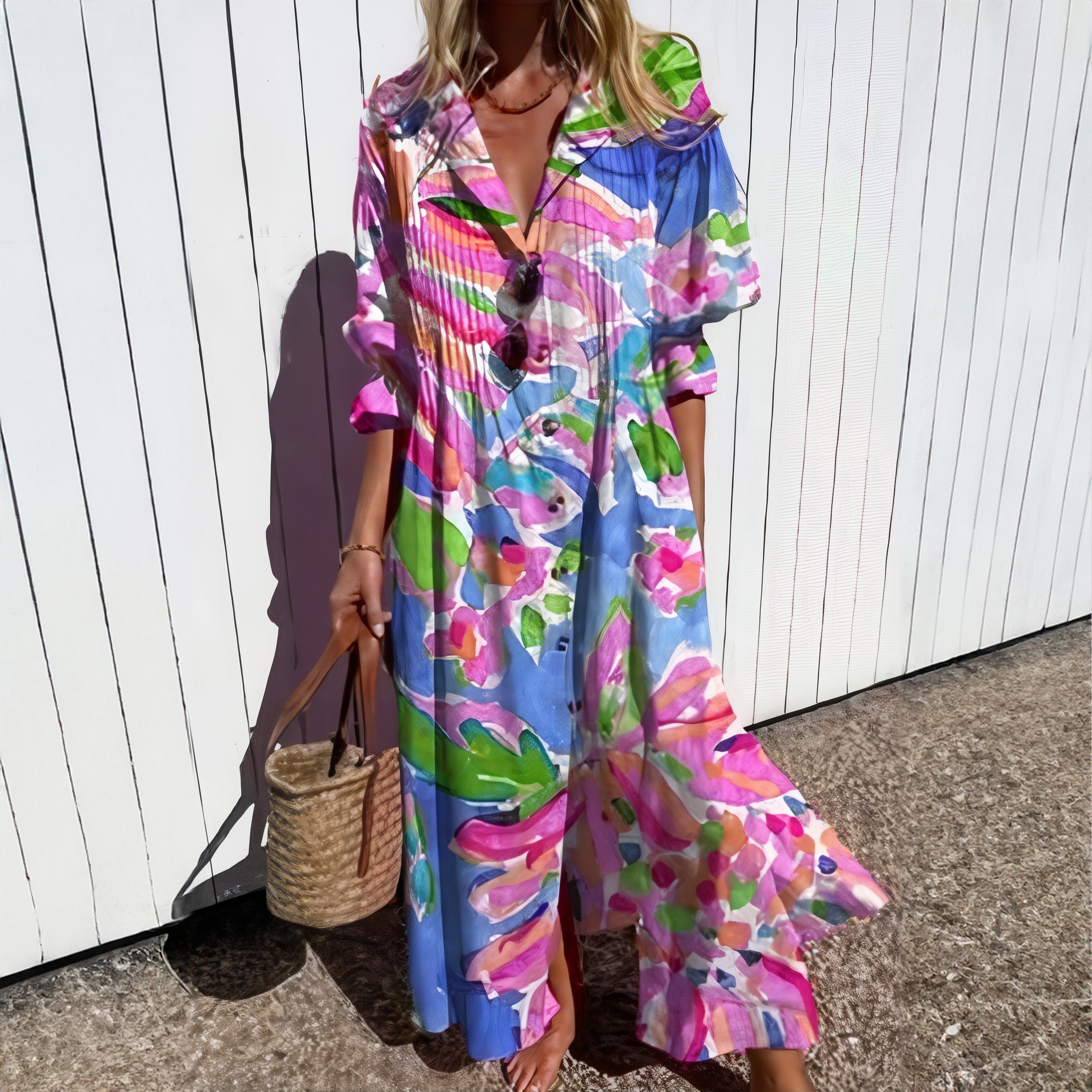Soft-Blend Maxi Dress - Hand Painted Floral And Airy Shape
