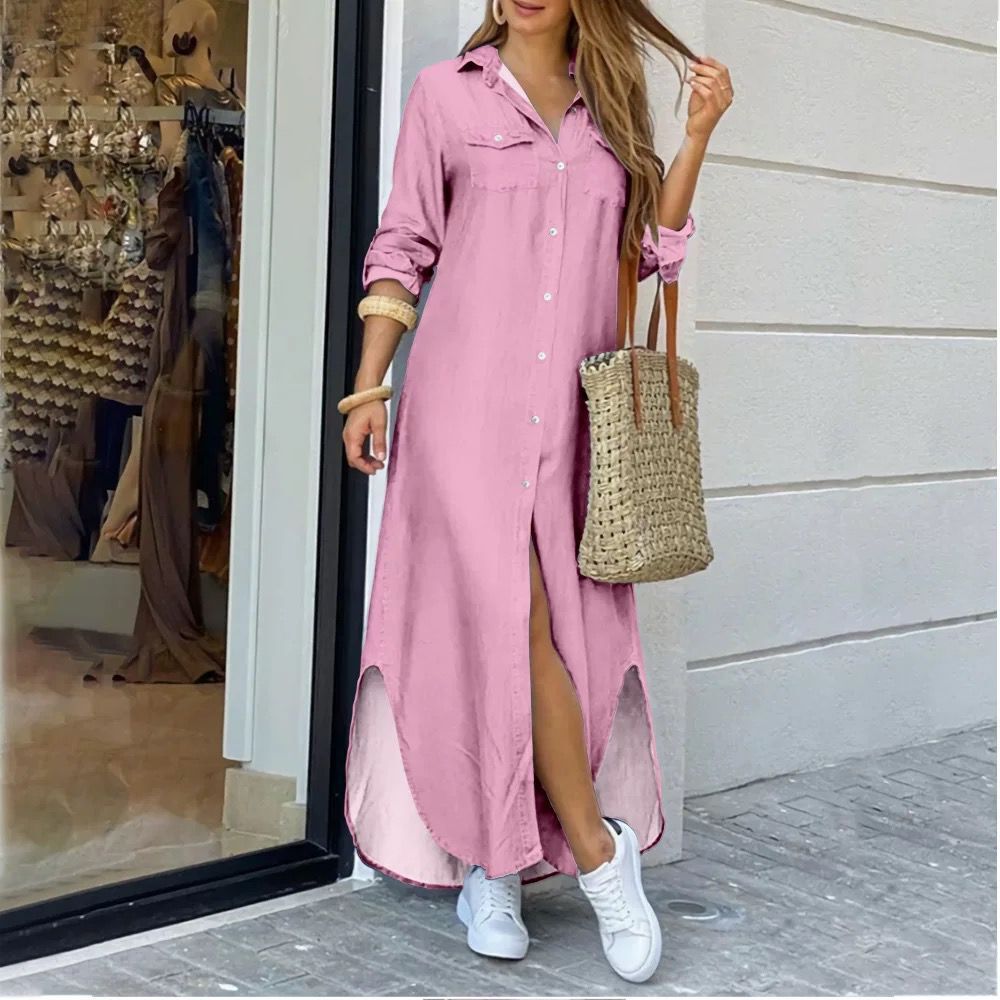 Soft-Blend Shirt Dress – Split Side Design & Flexible Shape
