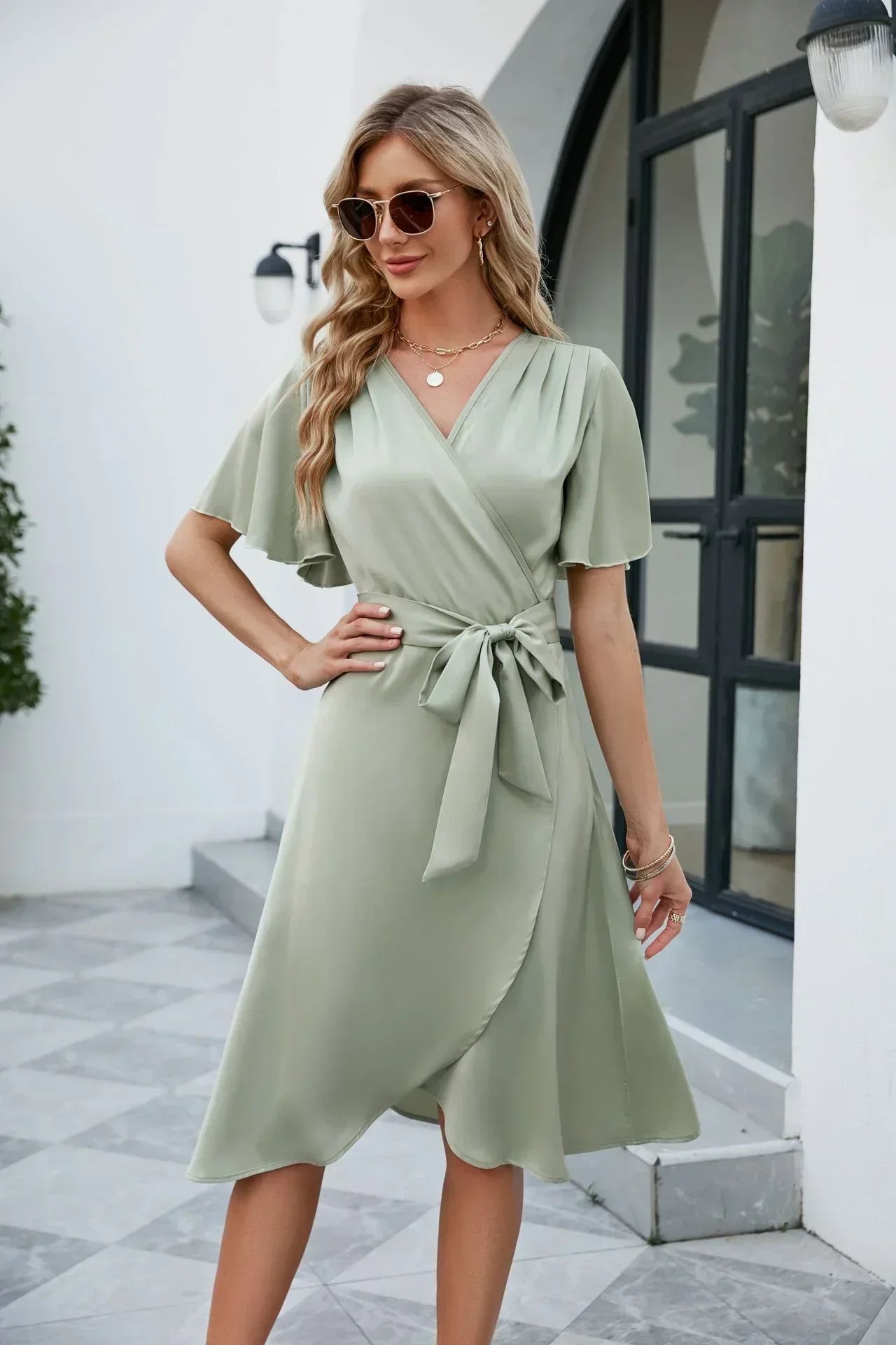 Soft Blend Wrap Dress – V Neck And Adjustable Waist