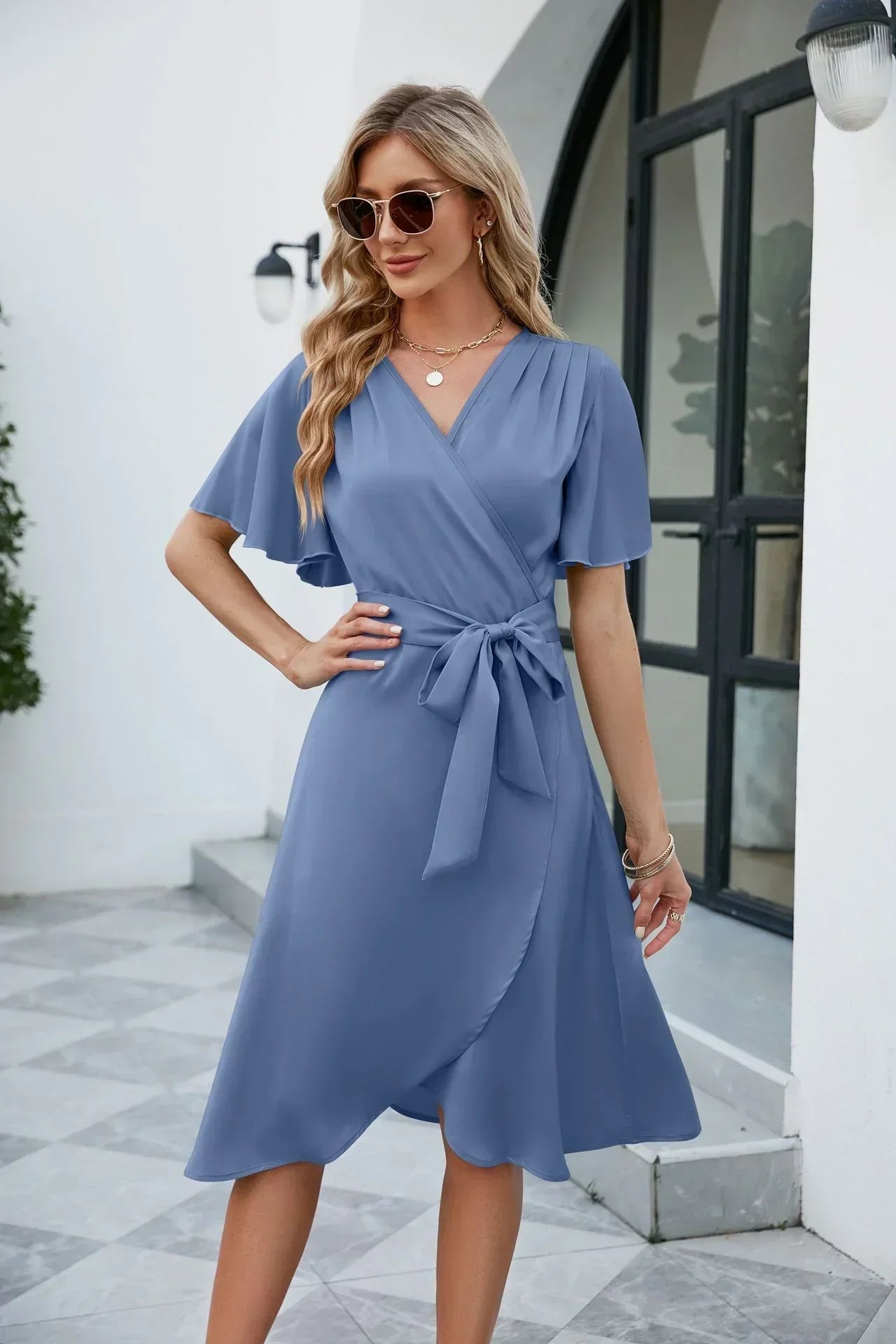 Soft Blend Wrap Dress – V Neck And Adjustable Waist