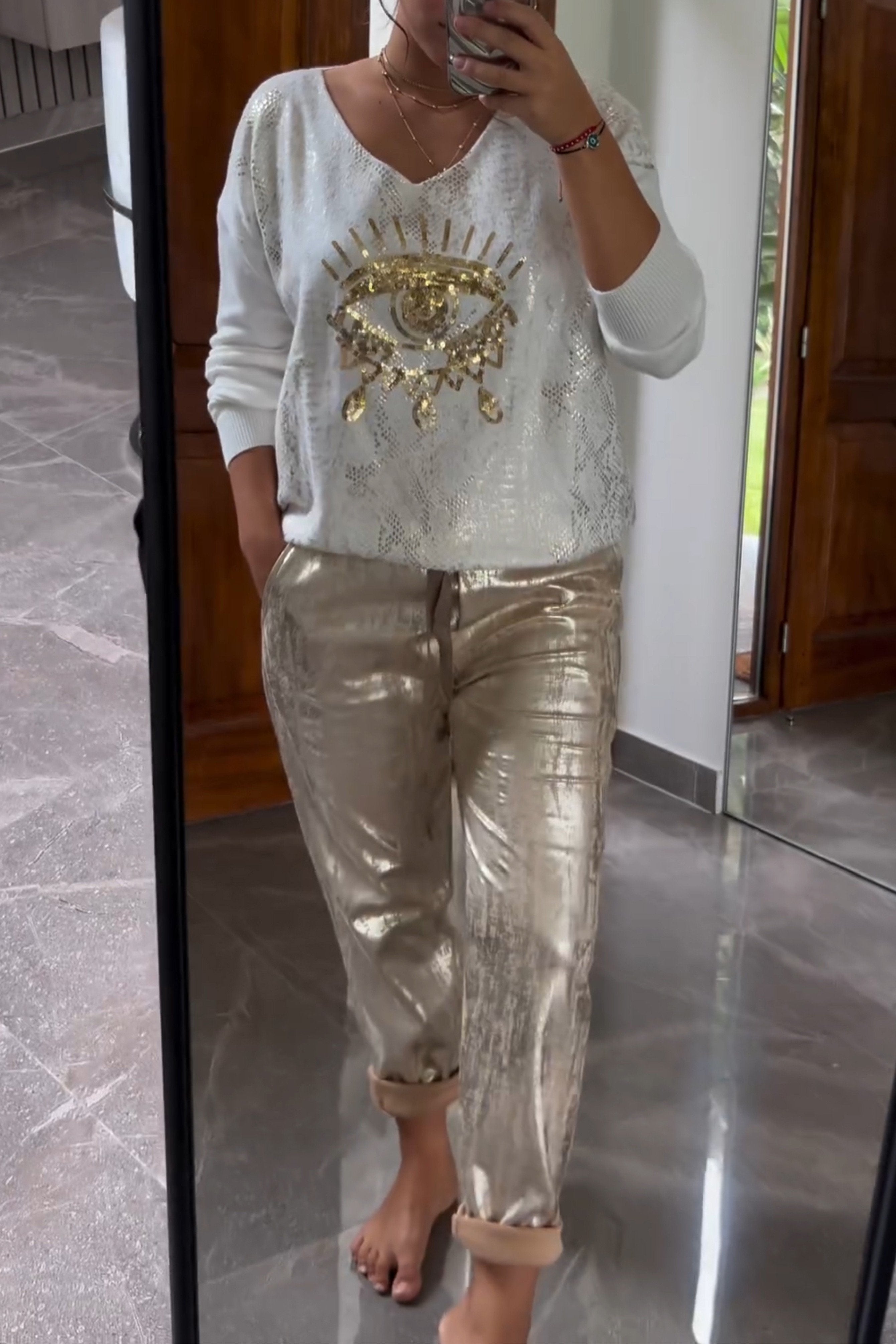 Sweater And Pants Set - Sequin Eye Front And Reflect Light