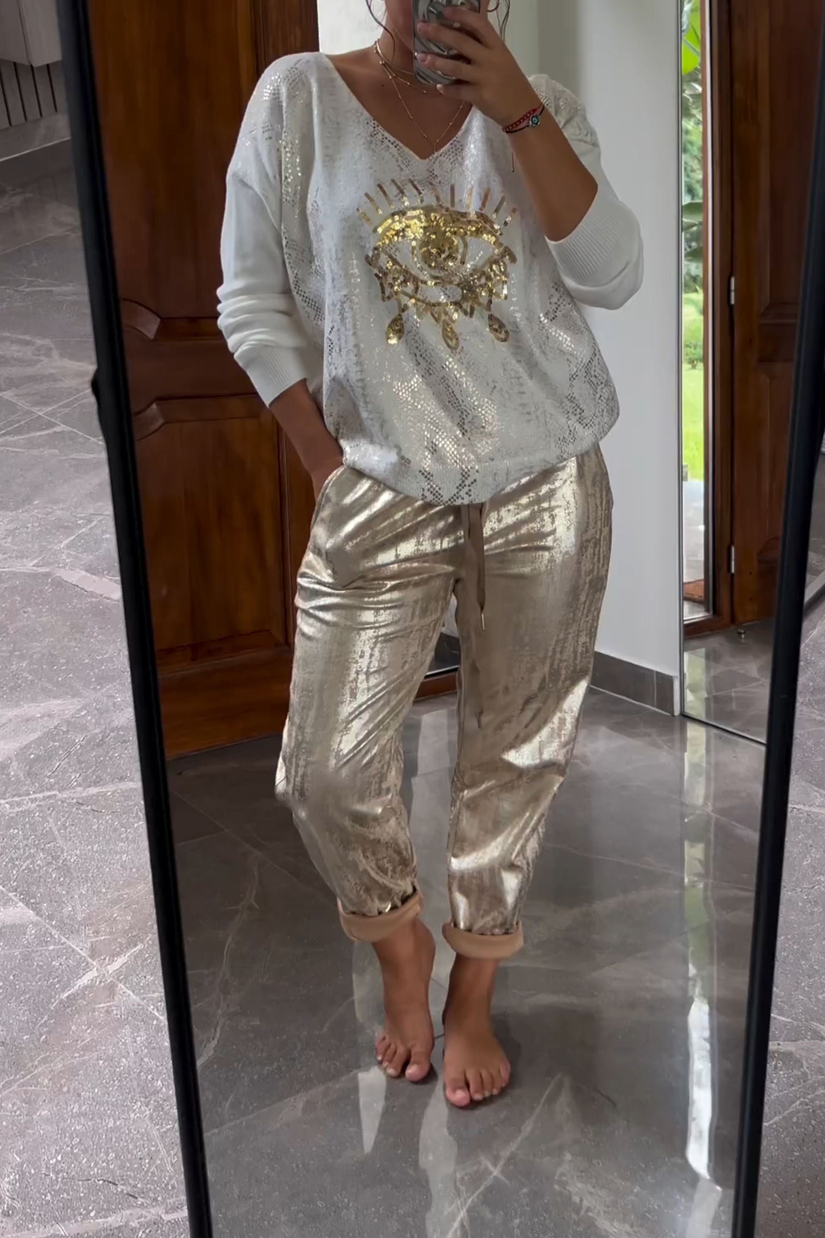 Sweater And Pants Set - Sequin Eye Front And Reflect Light