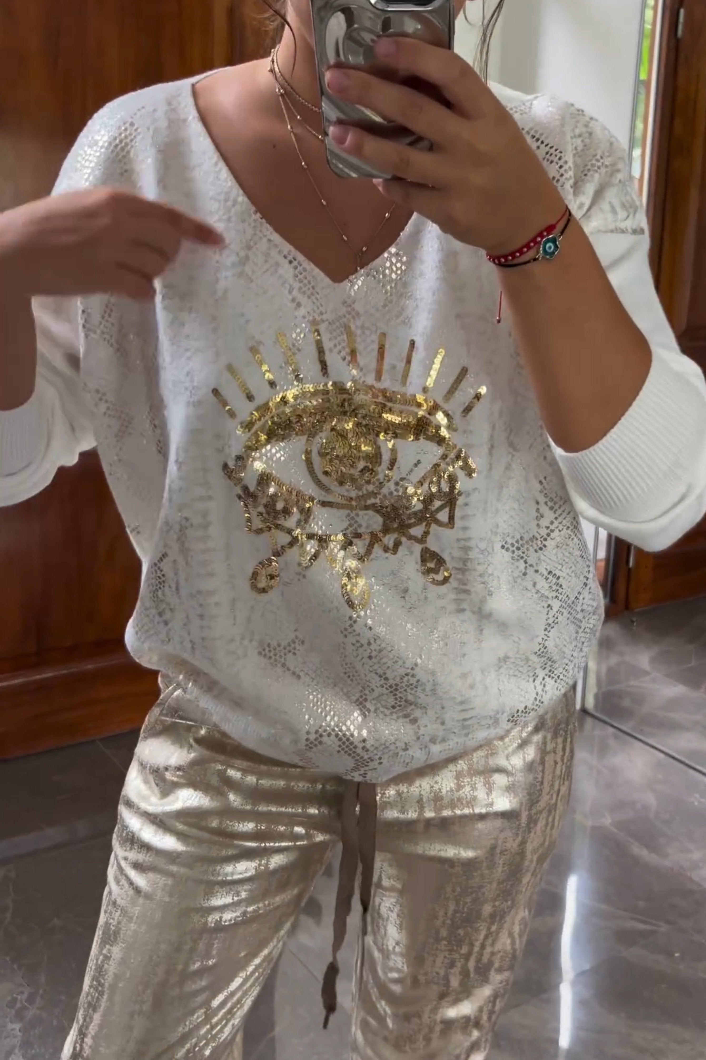 Sweater And Pants Set - Sequin Eye Front And Reflect Light