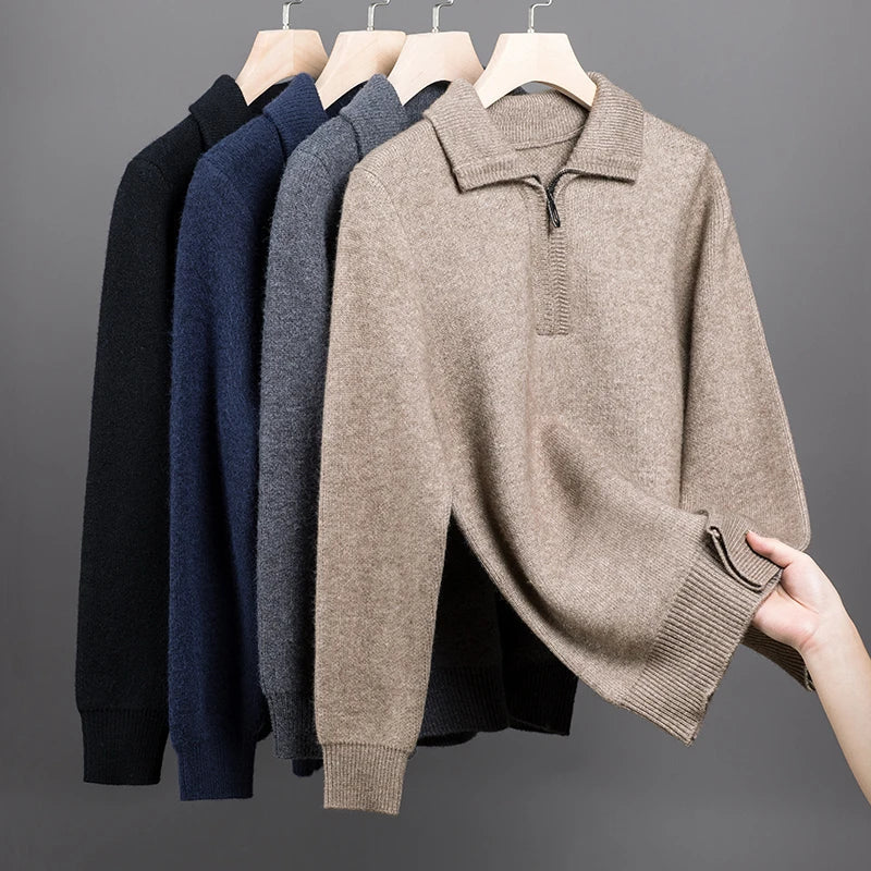 Sweater – Spun-Fiber Blend Ribbed Cuffs & High Collar Zip