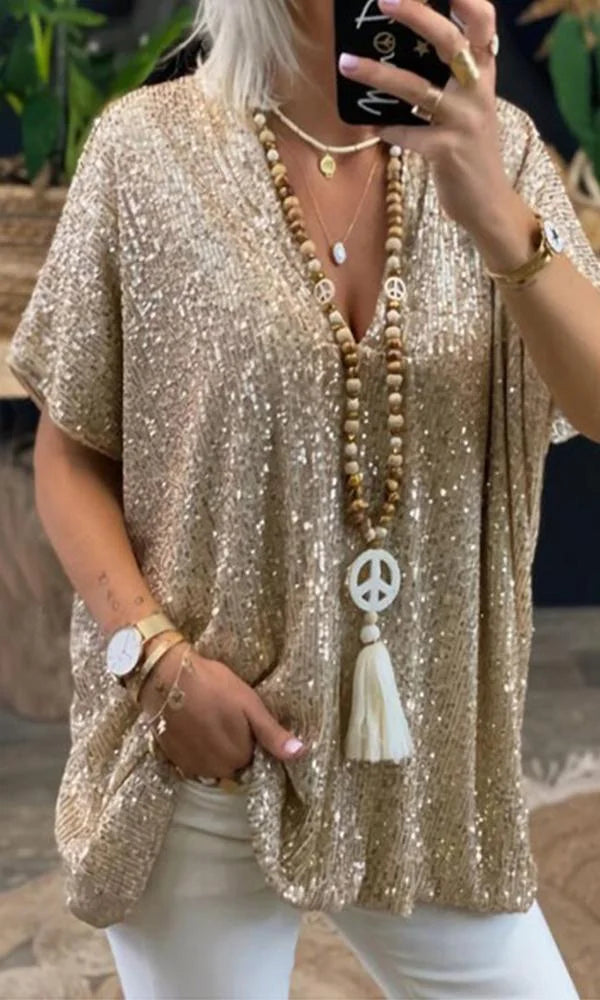 Tee - Sequin Front V Neck And Soft Blend Flexible Fit