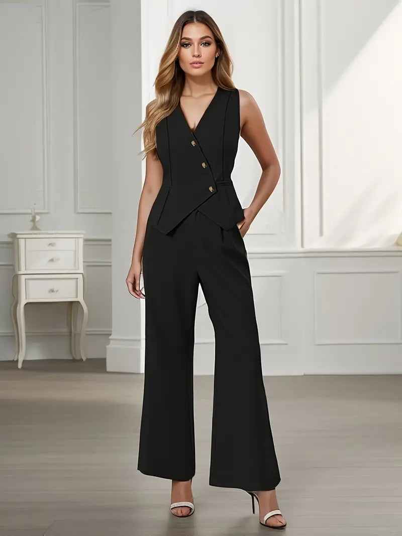 Trouser Suit Set - Asymmetrical Button Top & Relaxed Legs