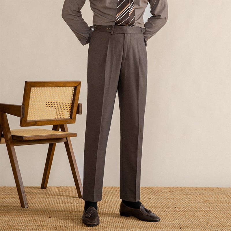 Trousers - Herringbone Blend Pleated Front & Adjust Tabs