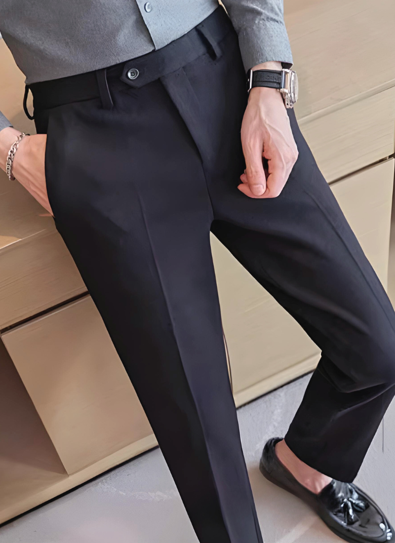 Trousers - Polyester Blend Slim Straight Leg With Button