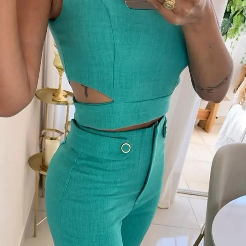 Two Piece Set - Cutout Crop Top & Easy Layering Pants