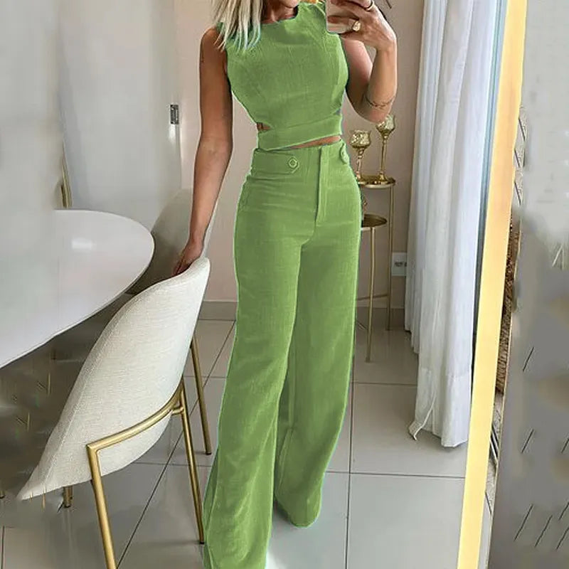 Two Piece Set - Cutout Crop Top & Easy Layering Pants
