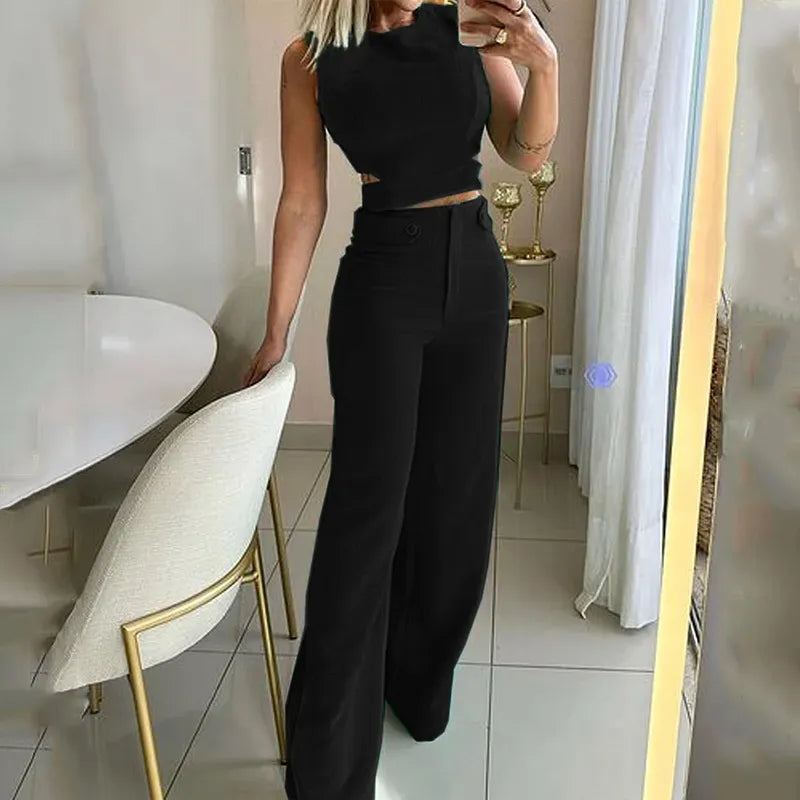 Two Piece Set - Cutout Crop Top & Easy Layering Pants