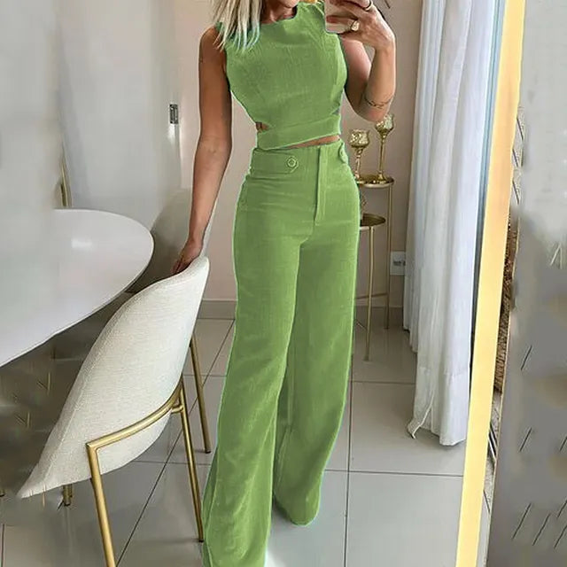 Two Piece Set - Cutout Crop Top & Easy Layering Pants