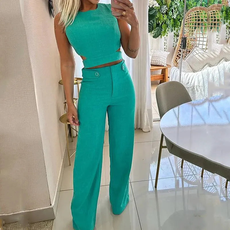 Two Piece Set - Cutout Crop Top & Easy Layering Pants