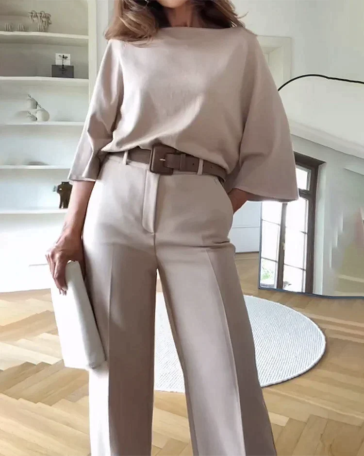 Two Piece Set - Polyester Blend Top And Bottom Flexible Fit