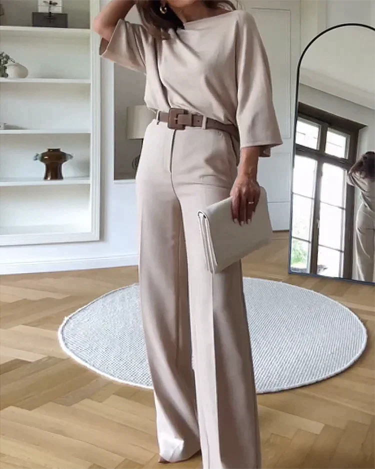 Two Piece Set - Polyester Blend Top And Bottom Flexible Fit