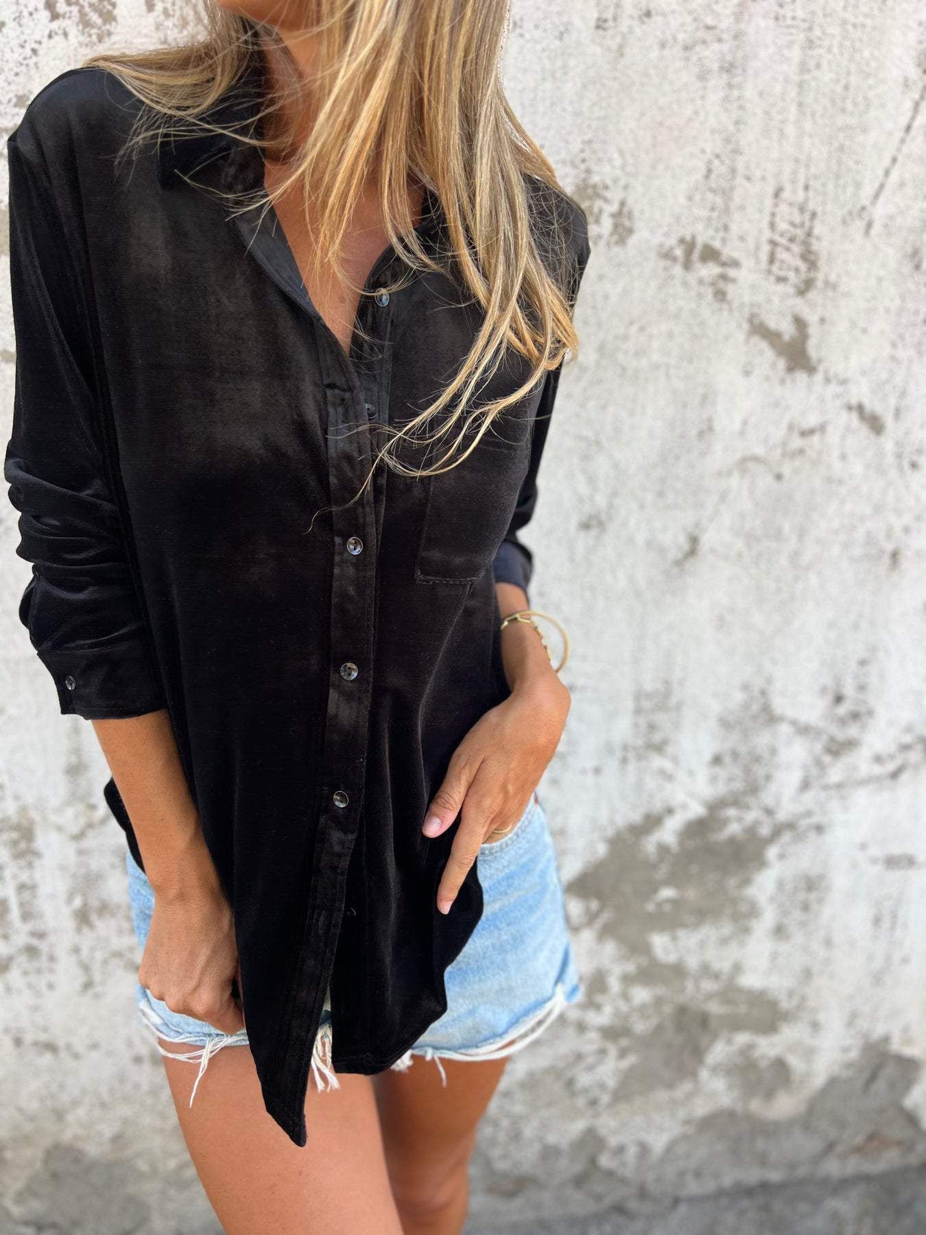 Velvet Blend Shirt - Long Sleeve And Shaped Body Keeps Shape