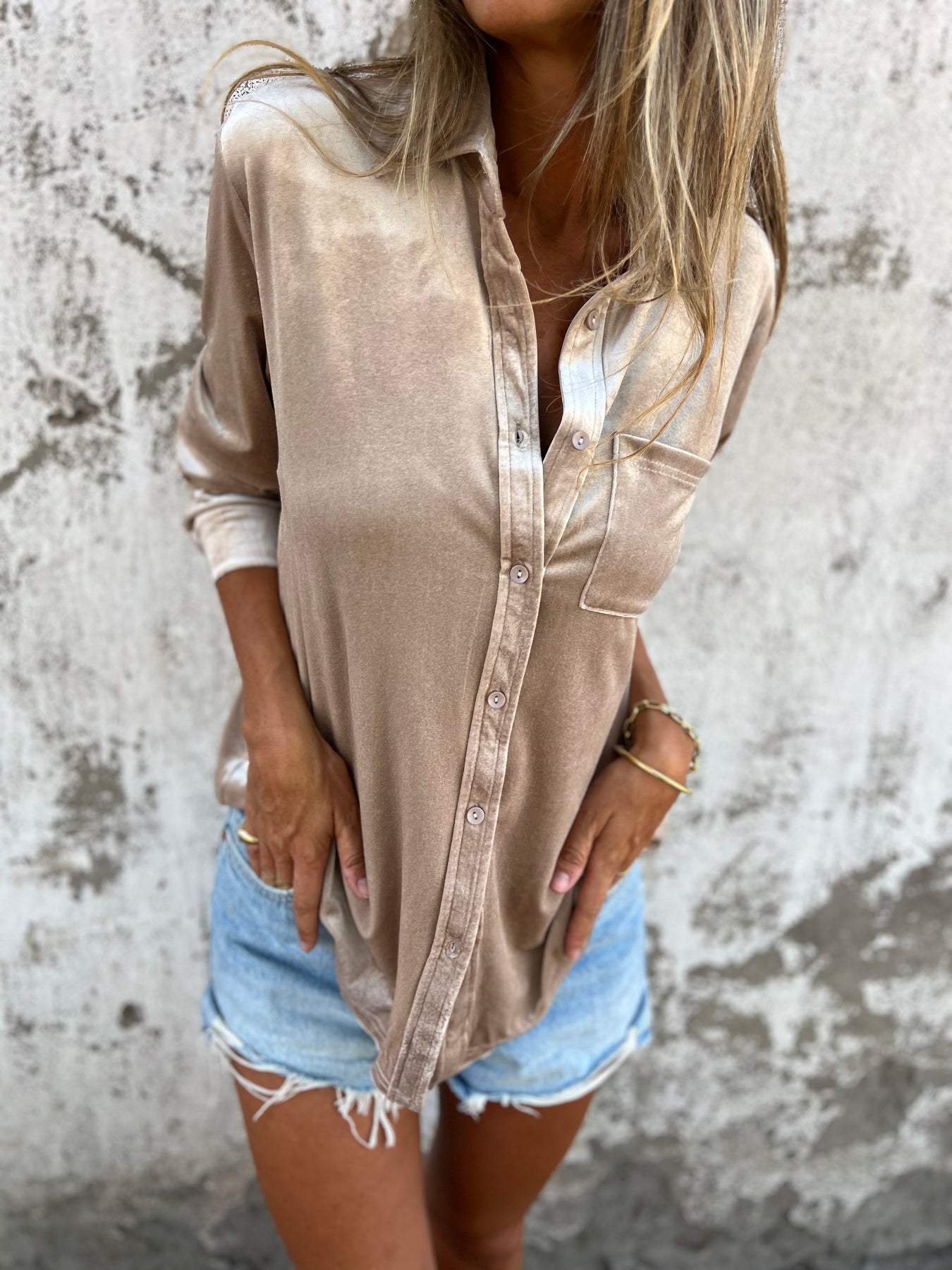 Velvet Blend Shirt - Long Sleeve And Shaped Body Keeps Shape