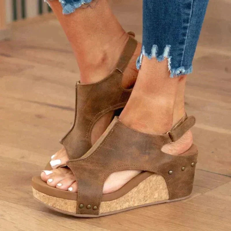 Wedge Sandals - Open Toe Easy On Off & Cushioned Wedge Heel