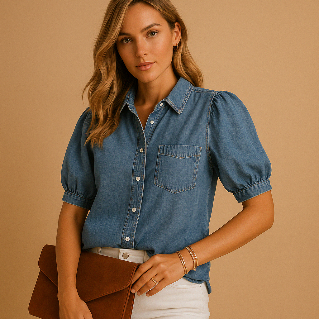Women's Long Sleeve Denim Blouse with Button Closure 0