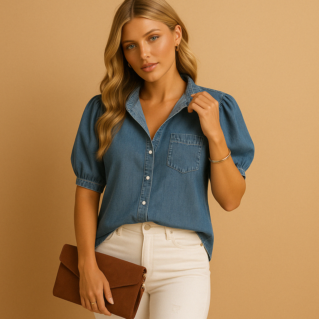 Women's Long Sleeve Denim Blouse with Button Closure 1