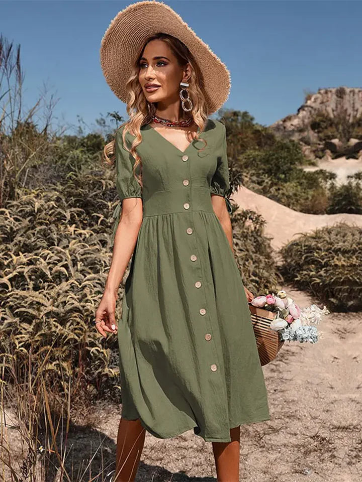 Women's V-Neck Summer Dress with Elastic Waist 0