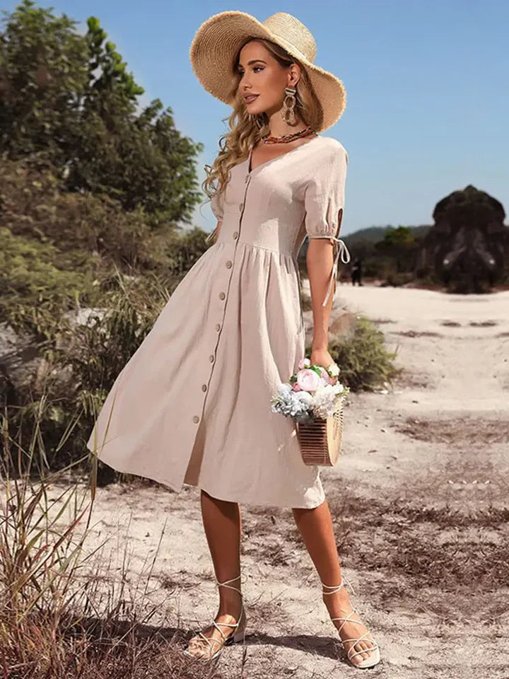 Women's V-Neck Summer Dress with Elastic Waist 1