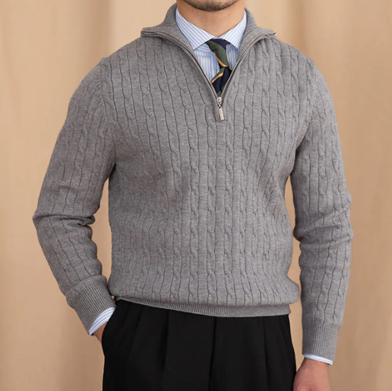 Yarn Blend Sweater - Cable Knit & Adjustable Collar