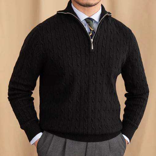 Yarn Blend Sweater - Cable Knit & Adjustable Collar